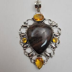 Sterling Silver Bronzite and Citrine Pendant Necklace - 20" Chain